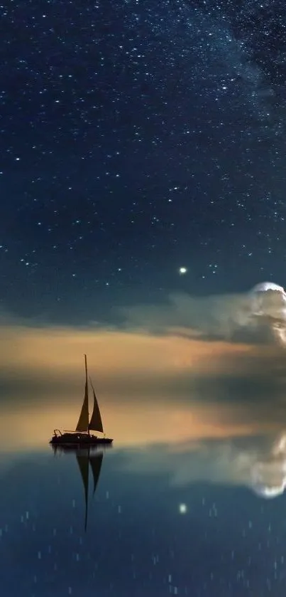 Sailboat on calm water under a starry night sky.