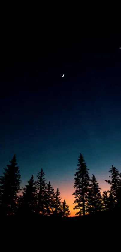 Night sky with crescent moon and silhouetted trees against a dark blue background.