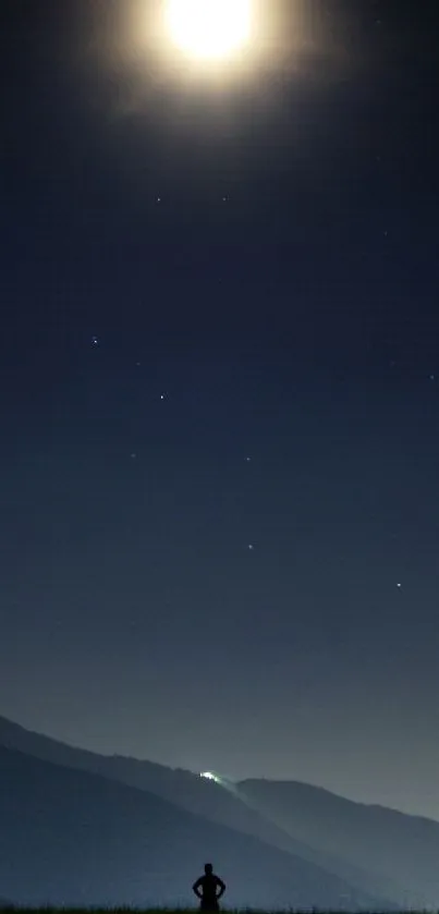 Serene night sky with full moon and silhouette landscape.