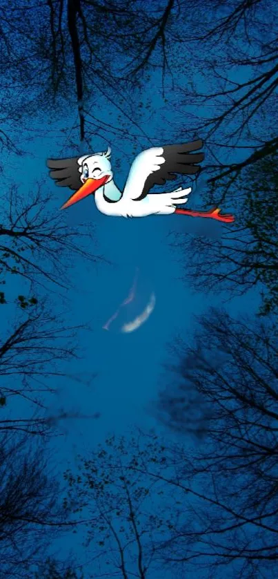 Flying stork over a serene blue night sky with silhouetted trees.