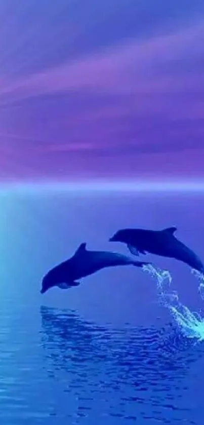 Dolphins leaping over a tranquil ocean at sunset with vibrant blue tones.