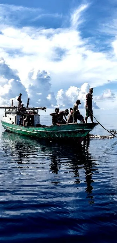 Serene boat floating on calm ocean with clouds.