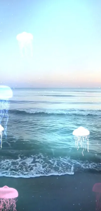 Tranquil ocean view with glowing jellyfish under a soft sky at dusk.