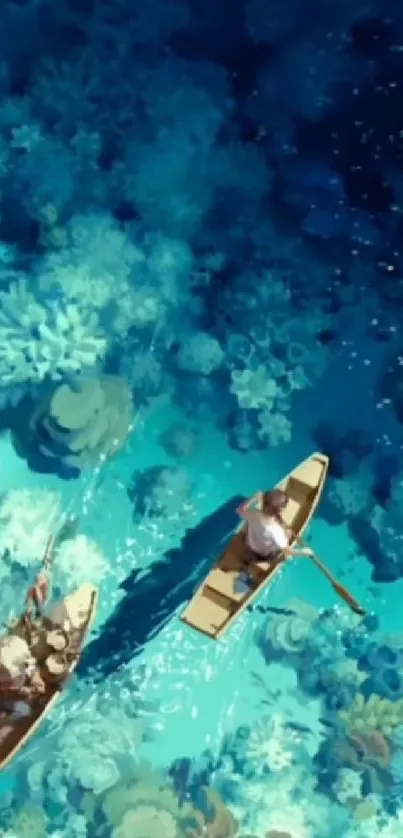 Aerial view of boats over tranquil aqua waters and coral reefs.