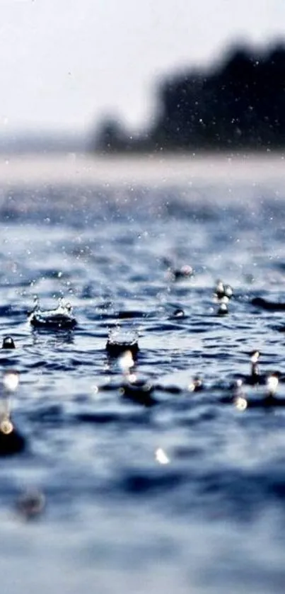 Close-up of raindrops on ocean wave with serene blue backdrop.