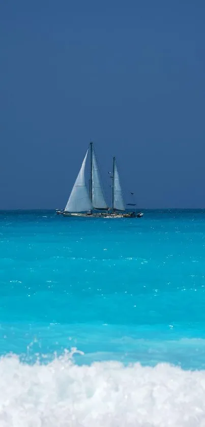 Wallpaper featuring a sailboat on turquoise sea under clear blue sky.