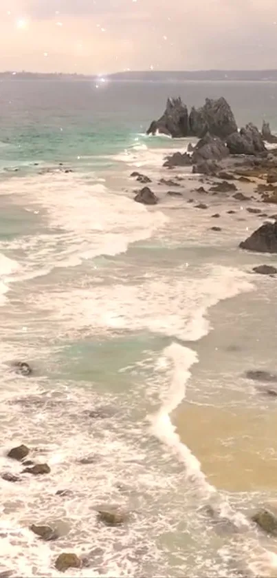 Serene view of ocean waves against rocky coastline at sunset.