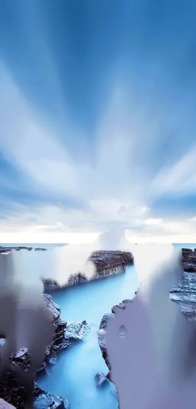 Tranquil ocean view with blue sky and ethereal clouds in serene wallpaper.