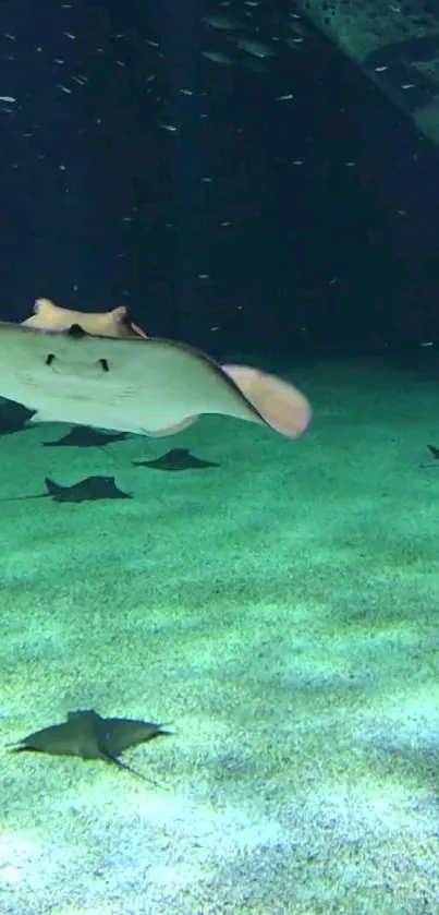 Ocean wallpaper with stingrays swimming gracefully underwater.