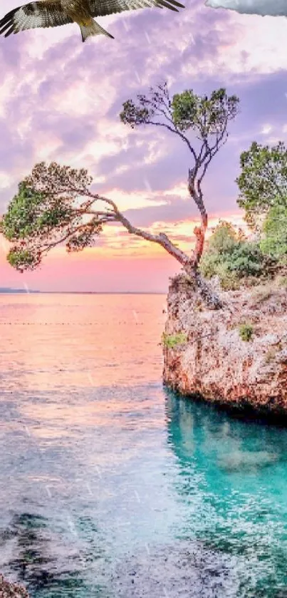 Serene ocean sunset with lone tree on cliff.