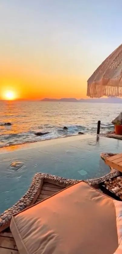 A serene ocean sunset with an infinity pool and parasol, perfect for relaxation.