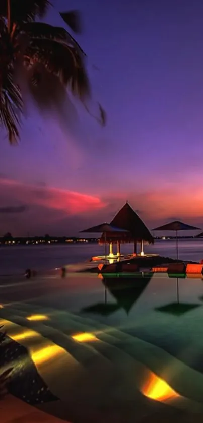 Scenic sunset with palm trees over tranquil water.