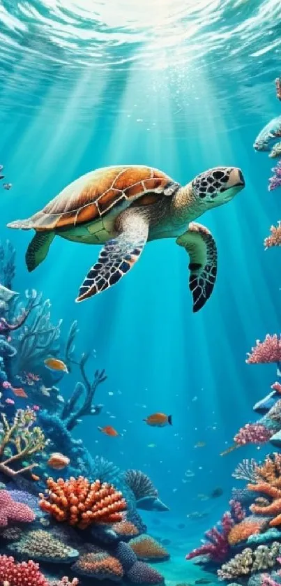 Sea turtle swimming in vibrant coral reef underwater scene with sunlight rays.