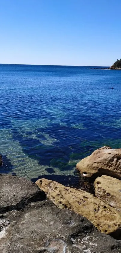 Serene ocean view with rocky coastline under blue sky.