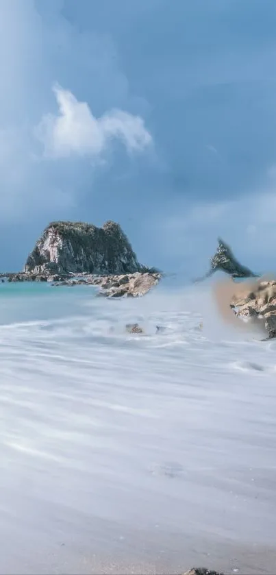 Tranquil ocean view with rocky islands and smooth waves, perfect for a serene wallpaper.