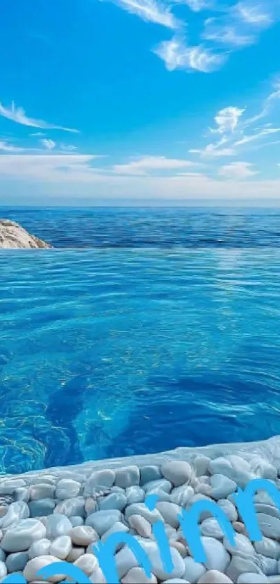 Tranquil ocean view with clear blue sky and rocks.