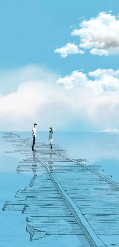 Illustrated ocean walkway under calm blue skies and clouds.