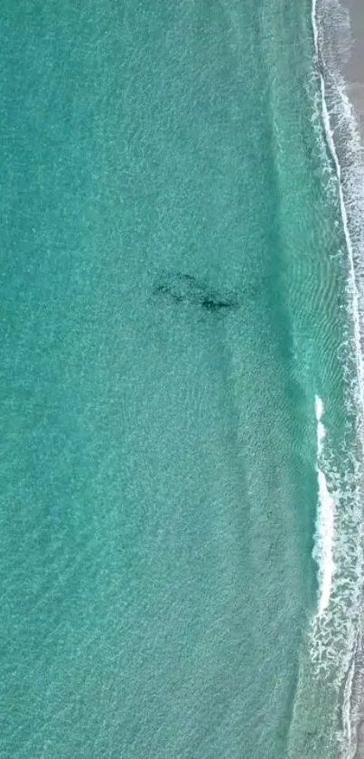 Aerial view of turquoise ocean waves and sandy beach.