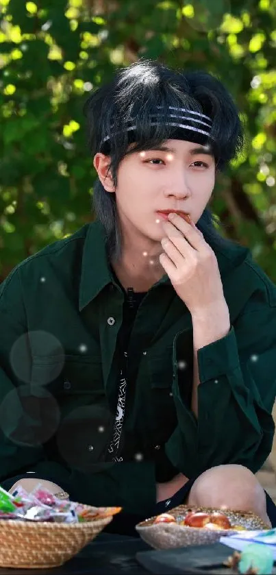 Person in green shirt sitting outdoors with nature backdrop.