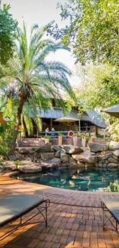 Tranquil tropical poolside with greenery and loungers.