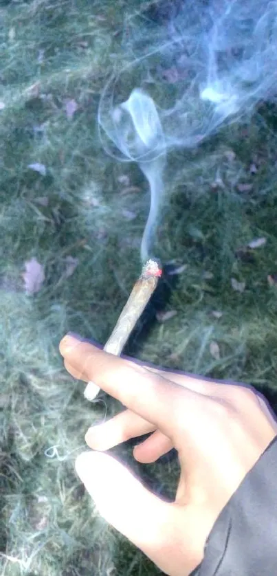 Hand holding cigarette with smoke against night grass backdrop.