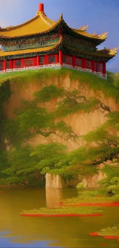 Scenic wallpaper of a traditional pagoda on a green hill by tranquil waters.