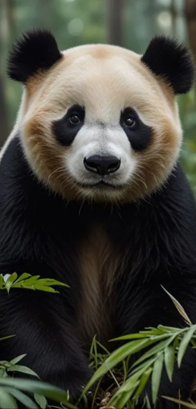 Panda calmly sitting in a lush forest setting.