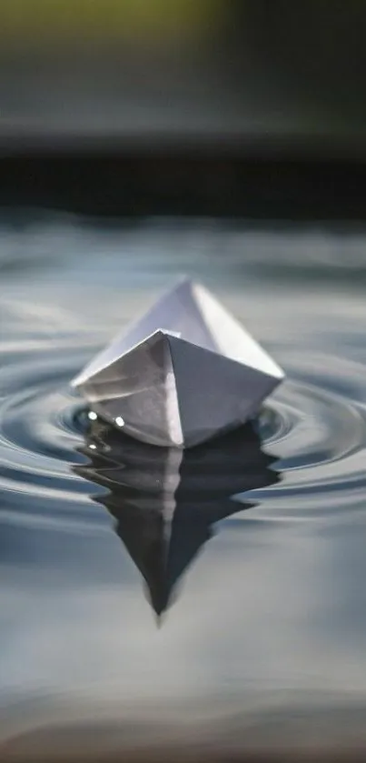 Paper boat floating on calm water surface with reflections.