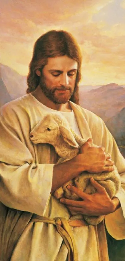 Pastoral figure with lamb in golden hues, peaceful landscape.