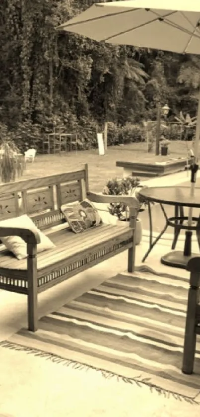 Sepia-toned patio with wooden furniture and lush greenery.