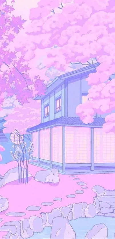 Anime-style Japanese house with cherry blossoms in pink hue.