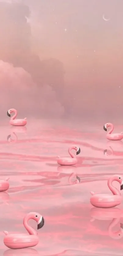 Pink flamingos floating serenely on gentle pastel waters.