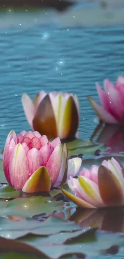 A peaceful scene of pink lotus flowers floating on a tranquil blue pond.