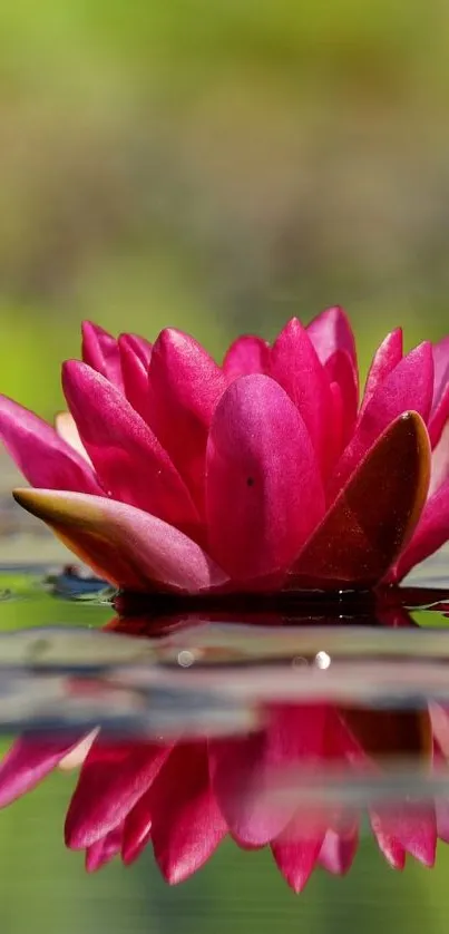 Pink lotus flower reflecting on calm water surface.