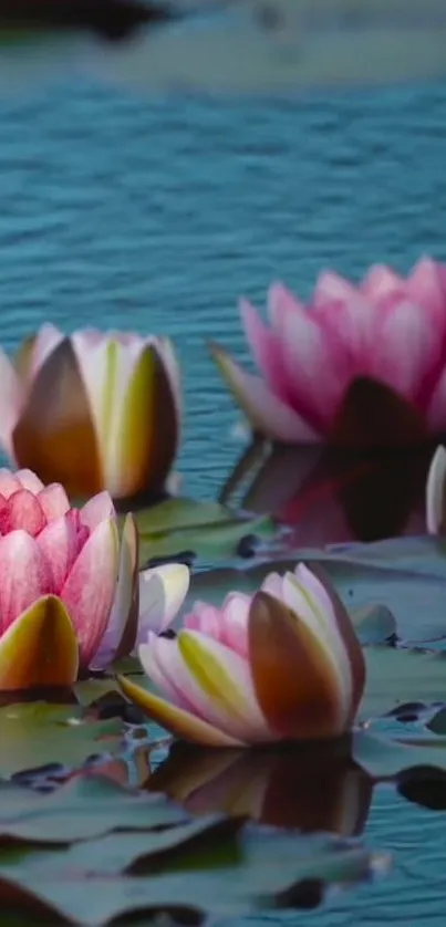 Serene pink lotus flowers on tranquil blue water wallpaper.