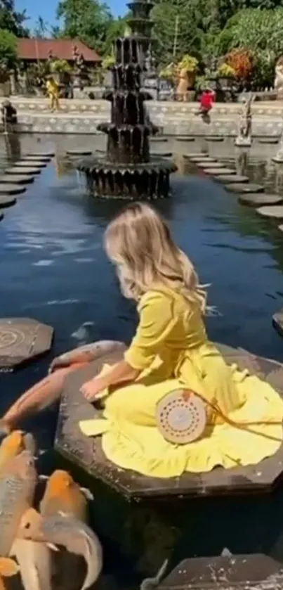 Woman in yellow dress with koi fish in tranquil pond.