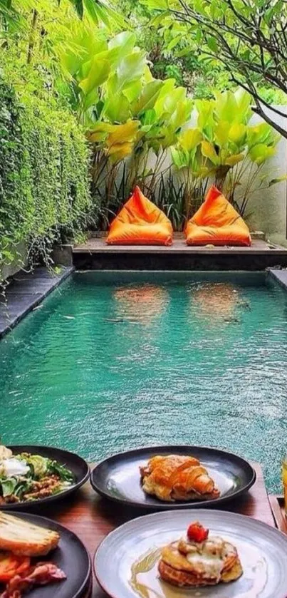 Serene poolside dining with lush greenery and vibrant orange accents.