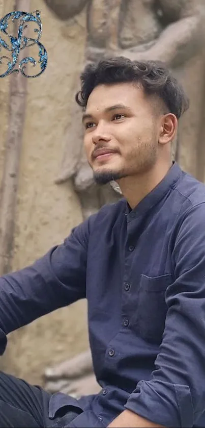 Man in blue shirt sitting against a textured beige wall.