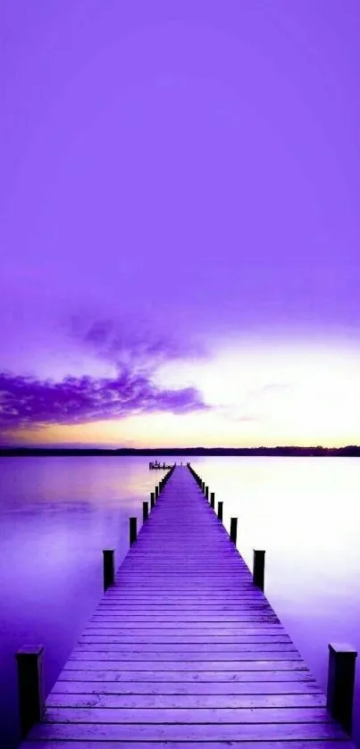 Purple walkway extending into a serene lake with a vibrant sky.