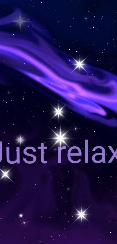 Tranquil purple cosmic wallpaper with stars and 'Just relax' text.