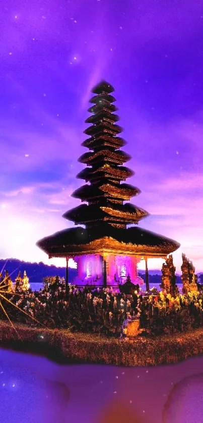 Serene temple scene under a vivid purple sky at night.