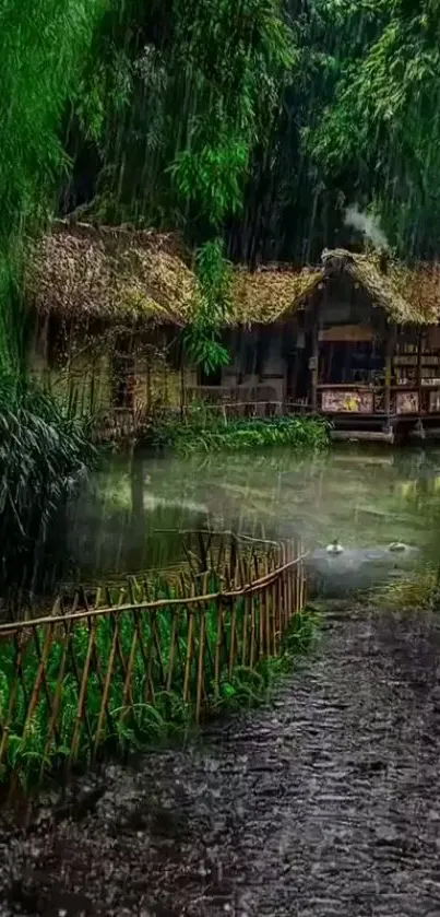 Serenity in a rainforest with rustic cabin and lush green surroundings.