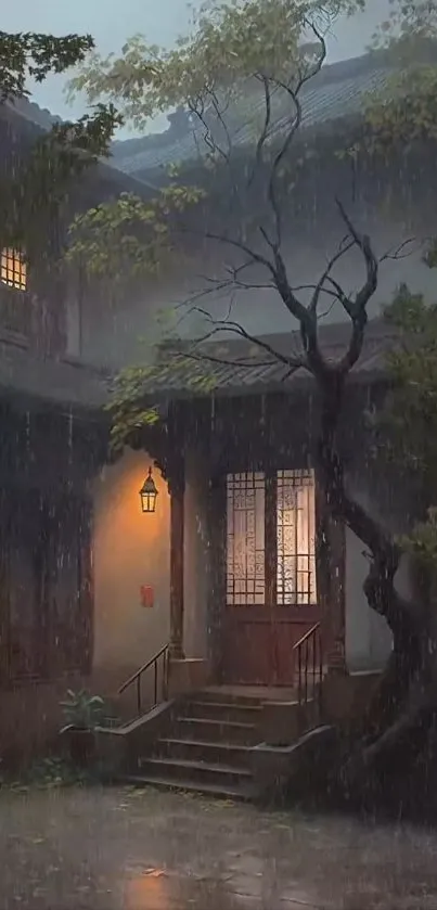 A peaceful courtyard illuminated during rain.