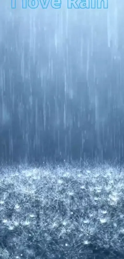 Mobile wallpaper showing serene blue rain scene with text 'I love Rain'.