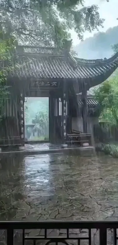 Calm garden wallpaper with rain and traditional architecture.