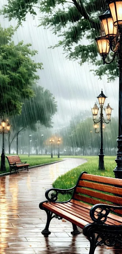 Serene park path with rain and lampposts.