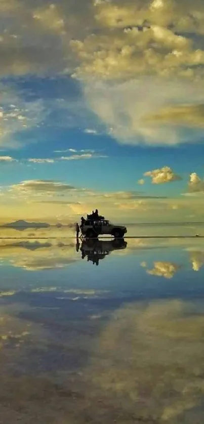 Tranquil sunset sky reflected on calm waters.