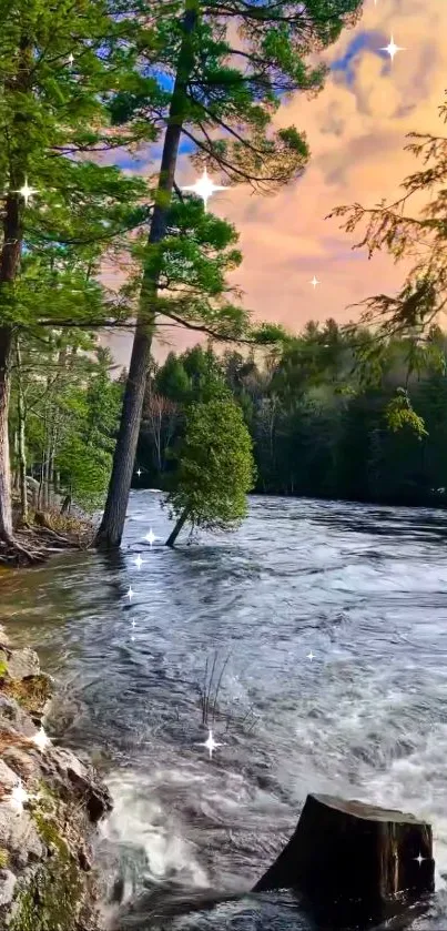 Tranquil river flowing through a green forest under a vibrant sky.