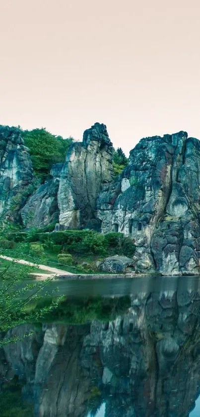 Serene landscape with cliffs reflected in a tranquil river.