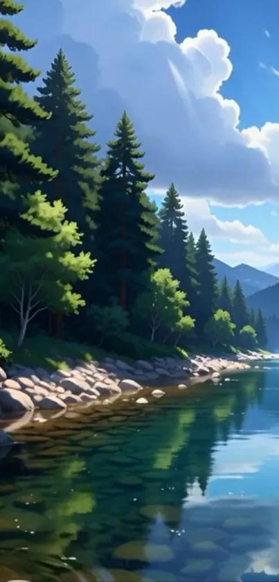 Peaceful river and forest under blue sky.